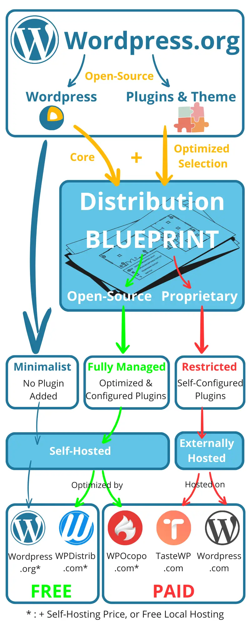 Future of WordPress: Infographic explaining the evolution and distribution strategies, highlighting WordPress.org vs. WordPress.com, plugin and theme choices, and self-hosted vs. externally hosted solutions.