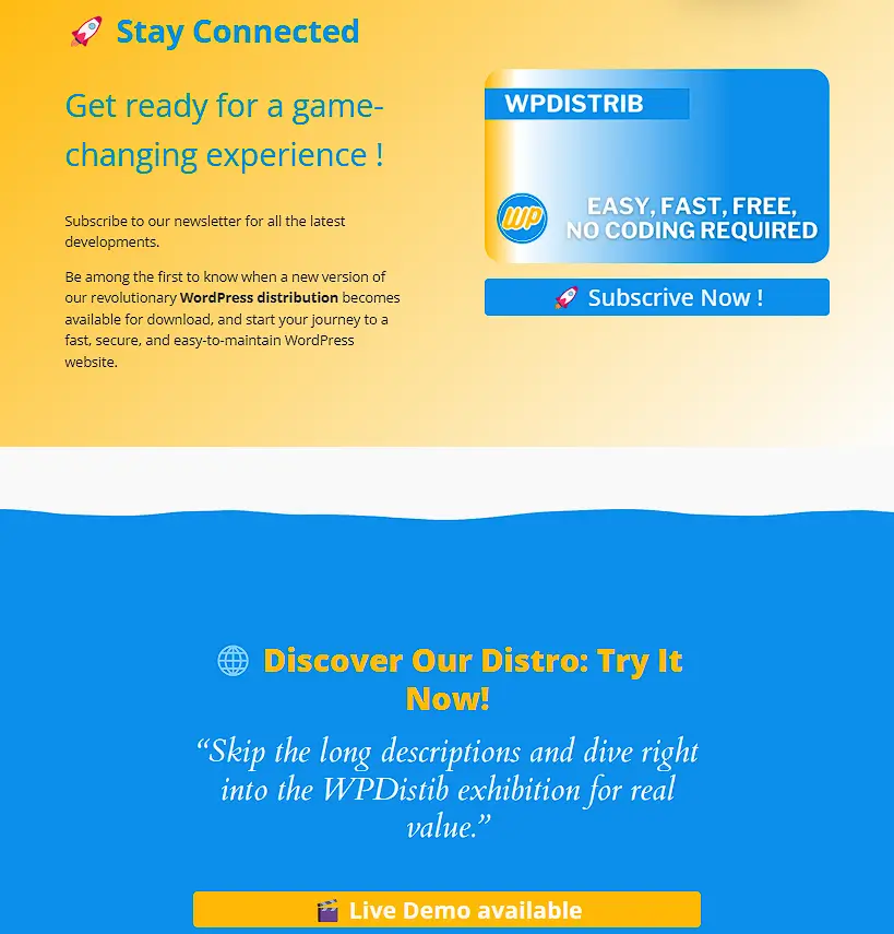 WPDistrib newsletter sign-up and live demo invitation