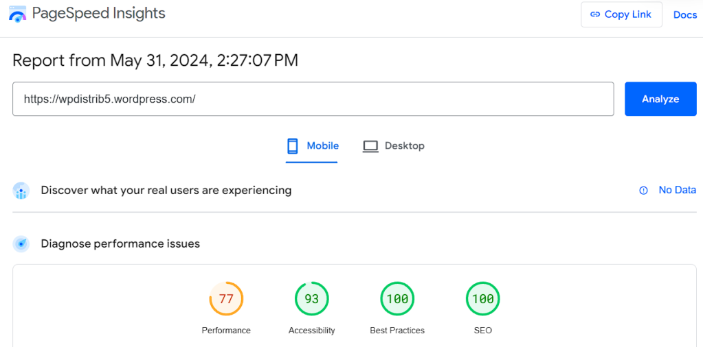 wordpress com google pagespeed insights report