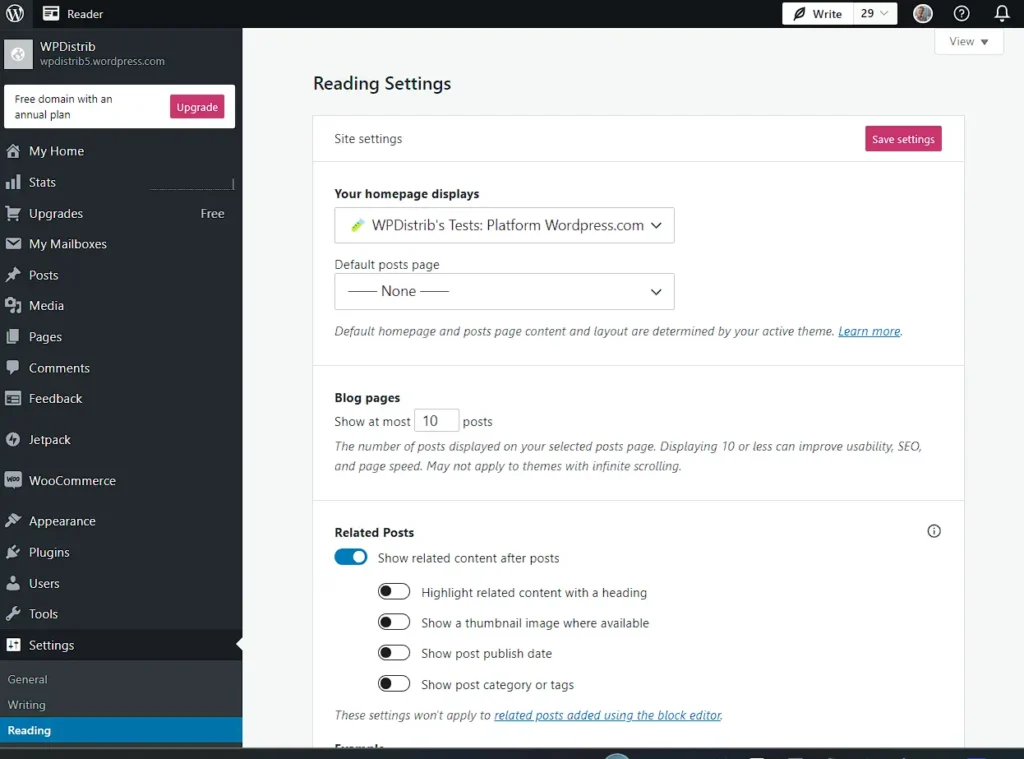 wordpress com reading settings interface