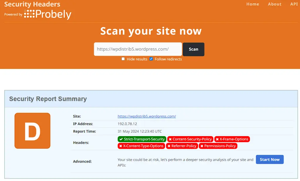 WordPress.com site security report by Probely