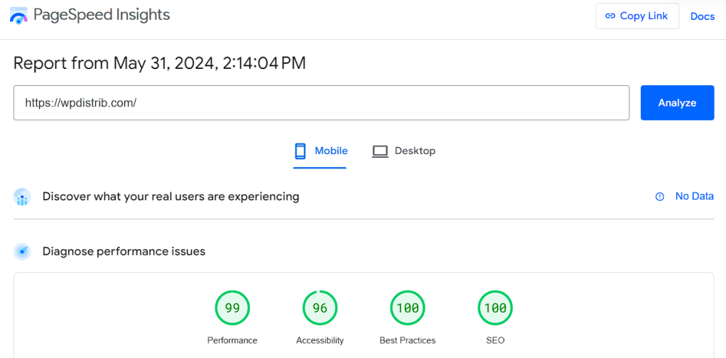 wpdistrib google pagespeed insights report