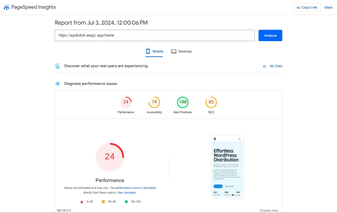 pagespeed insights report wpdistrib wegic site