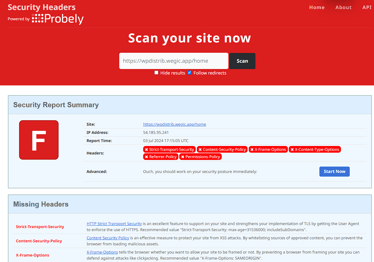 security headers scan report wegic site