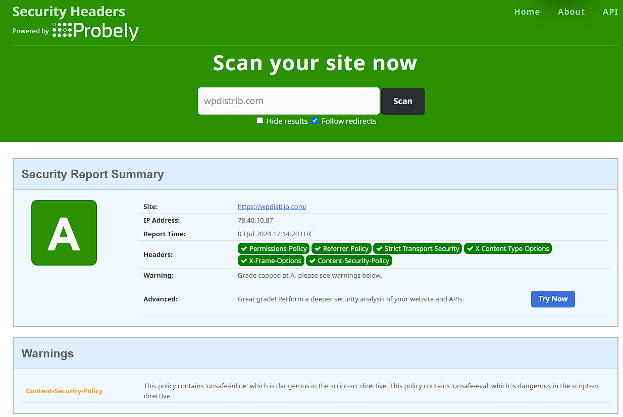 security headers scan report wpdistrib site