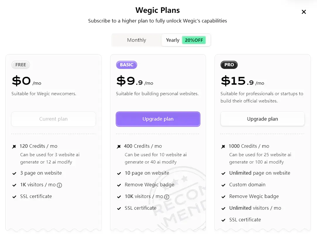 wegic pricing plans website creation