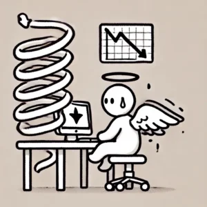 Personnage de dessin animé en ange, transpirant devant un ordinateur, avec un graphique en déclin représentant la perte d'attention des utilisateurs.