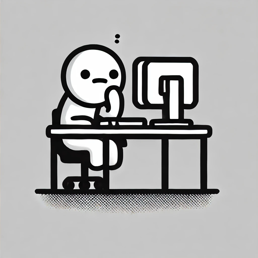 Cartoon Character Contemplating User Engagement at Computer Desk Cartoon person thinking while working on a computer, representing user engagement