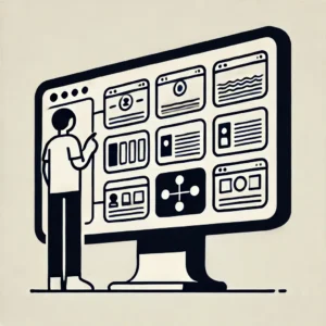 Personne interagissant avec plusieurs slides sur un grand écran, représentant WordPress SlidePage et des diapos interactives.