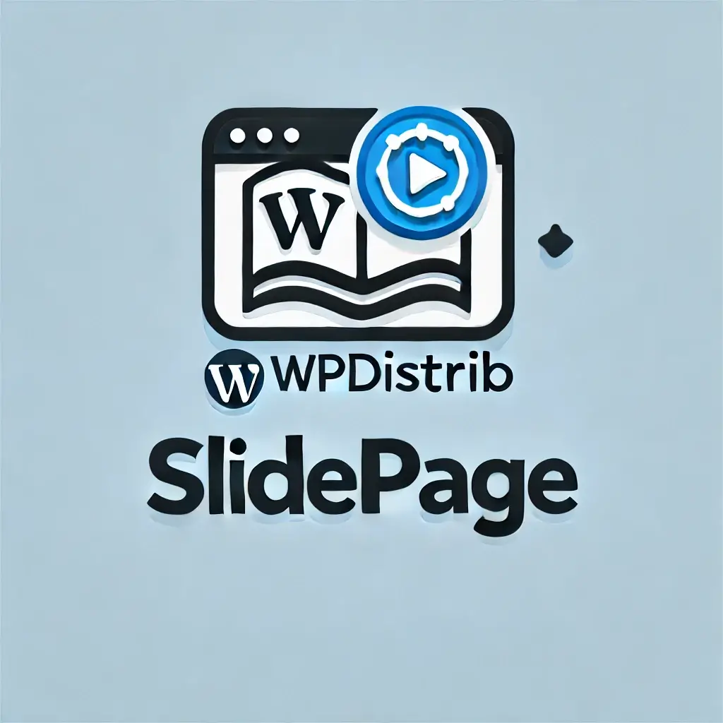 SlidePage by WPDistrib Logo WPDistrib SlidePage logo on a blue background, representing the WordPress SlidePage plugin