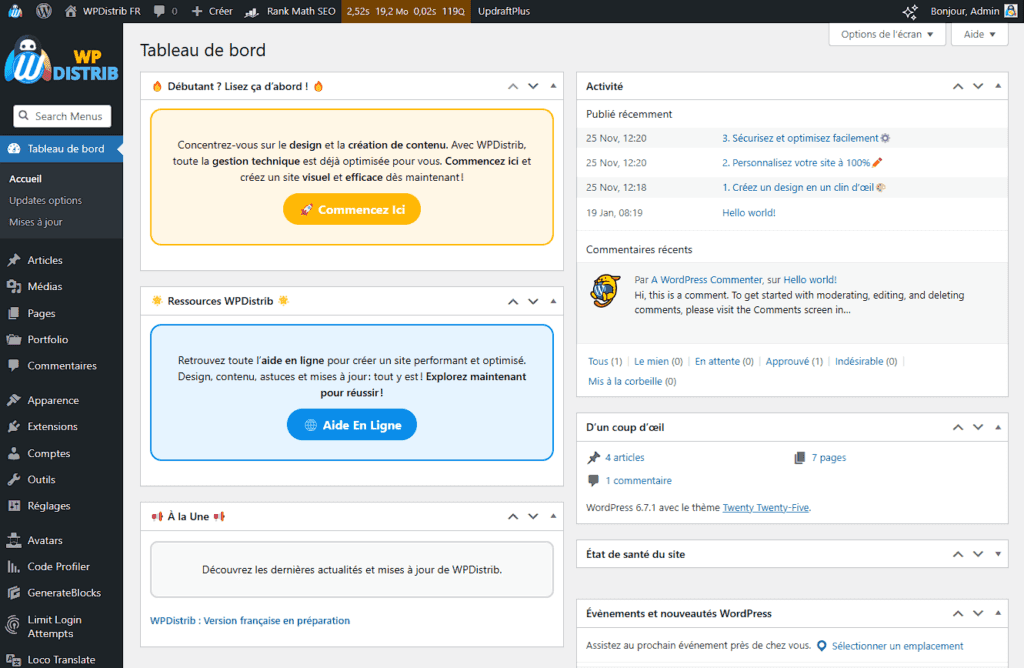 tableau de bord wpdistrib distribution wordpress v6.7.1 1024x668 1