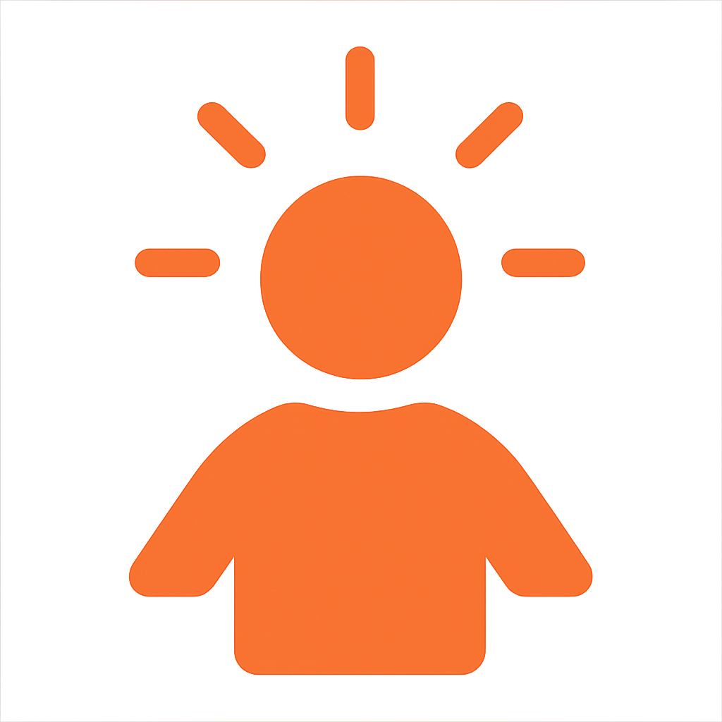 Icône orange d’un personnage stylisé avec des traits rayonnants symbolisant l’expertise.