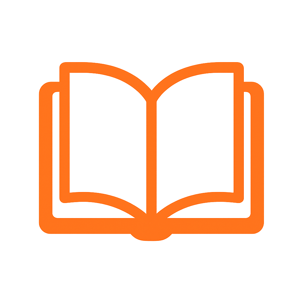 Icône d’un livre ouvert orange représentant l’autonomie dans la publication de savoir.