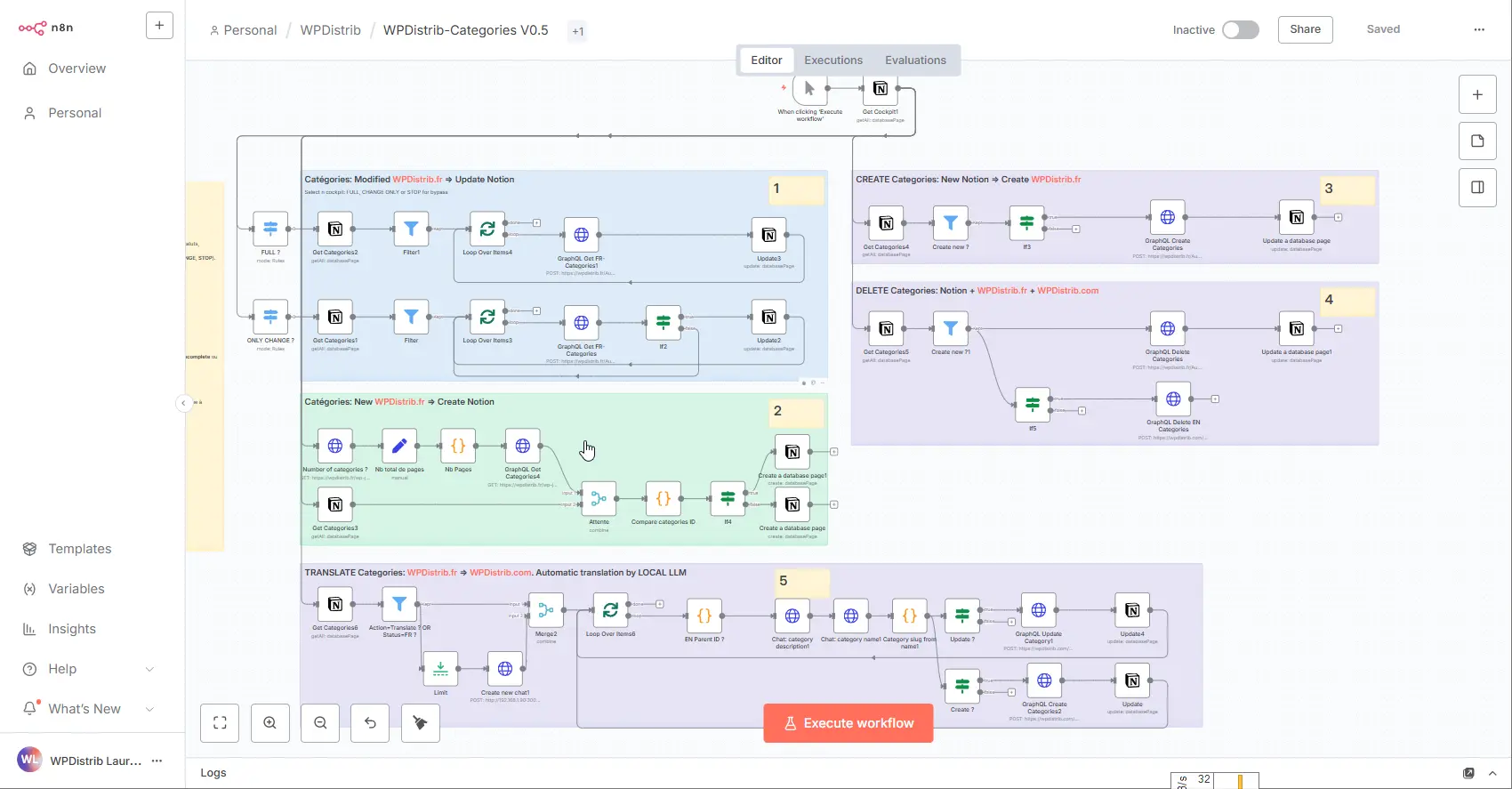 Avancement sur le management des catégories WordPress dans Notion